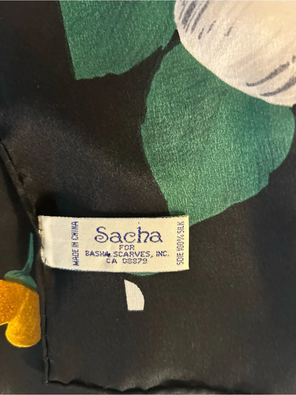 Sacha Floral Square Scarf Black White Red Green Vintage Polyester Made in Korea